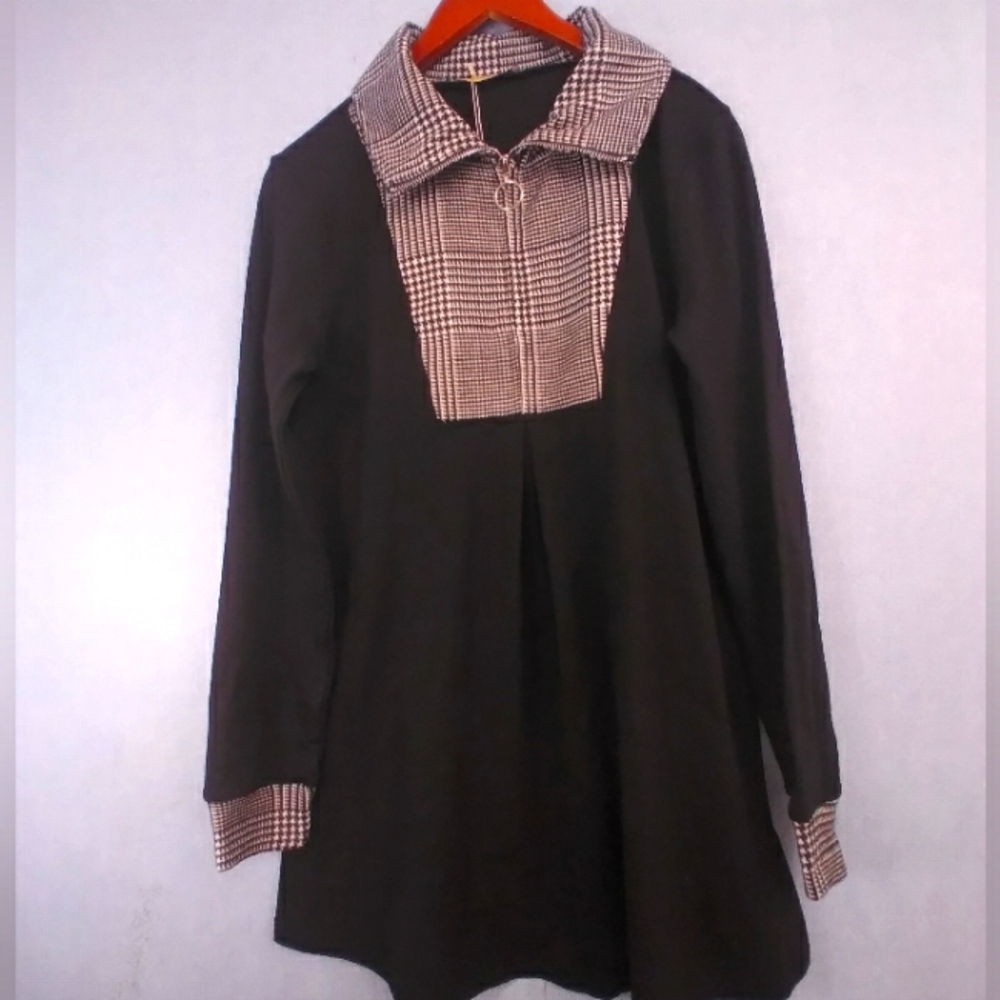 Collar Dress Houndstooth Trim Long Sleeve Mini Dress‎ Black